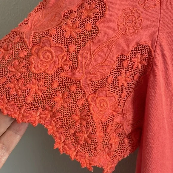 Sundance Coral Lace Trim Short Sleeve Top Size L - Picture 4 of 12